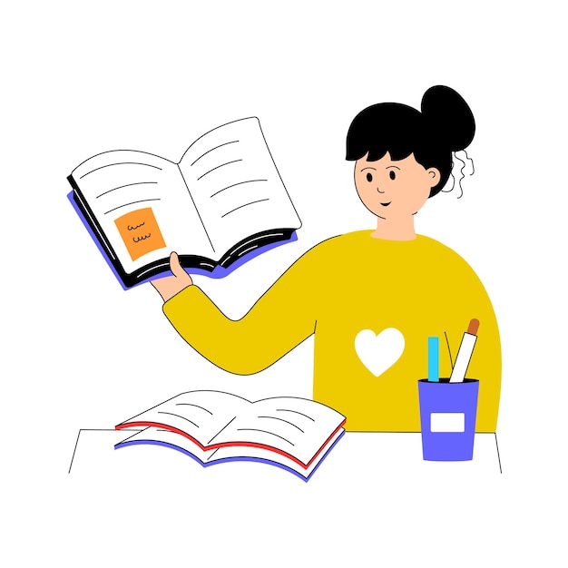 Estudante lendo livros lendo ilustração plana