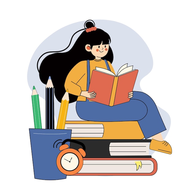 Estudante lendo um livro cercado pela escola Perfeito para o retorno à escola Temas Educação e Aprendizagem