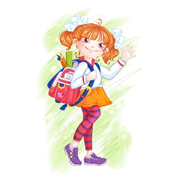 Vetor estudante linda garota com uma maleta.