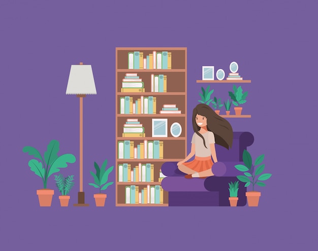 Vetor estudante, menina, sentando, livro leitura, em, livingroom