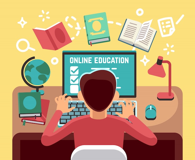 Estudante ou menino de escola que estuda no computador. conceito de vetor de lição e educação on-line. estudante no computador, ilustração de educação on-line de aluno