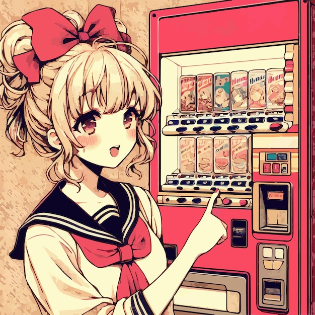 Estudante retrô selecionando uma bebida de uma máquina de venda automática