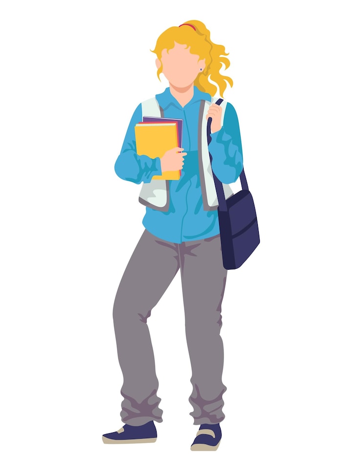 Vetor estudante universitária mulher personagem feminina de pé segurar livro de texto bolsa moderna jovem garota loira