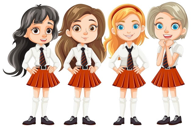 Estudantes adolescentes bonitas em uniformes escolares Cartoon