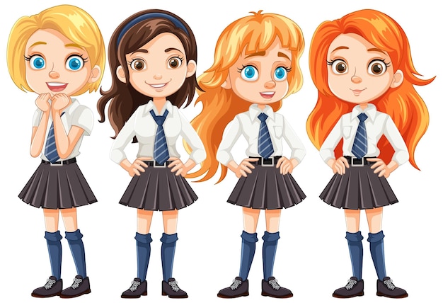 Estudantes adolescentes bonitas em uniformes escolares Cartoon