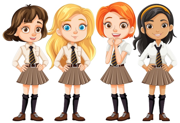 Estudantes adolescentes bonitas em uniformes escolares Cartoon