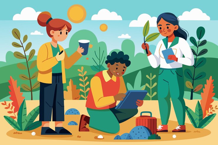 Vetor estudantes analisando amostras de solo para estudos ecológicos ilustração vetorial