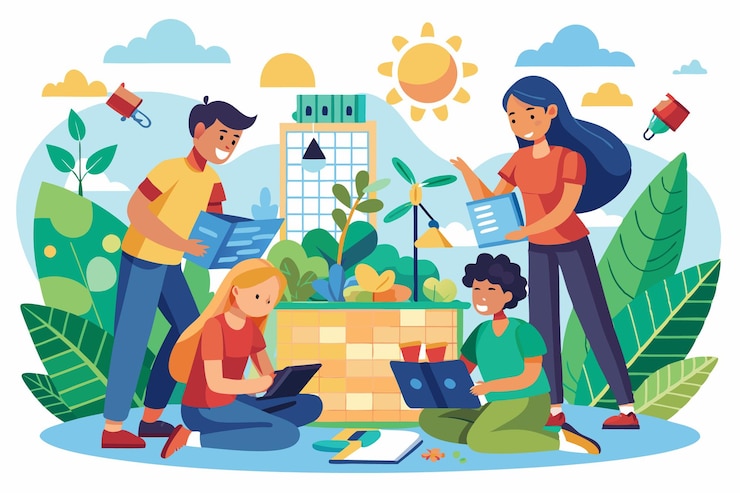 Vetor estudantes colaborando em projeto de design de habitat sustentável ilustração vetorial