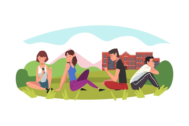 Estudantes do sexo masculino e feminino sentados na grama verde Pessoas conversando entre si em frente à ilustração vetorial do edifício da faculdade
