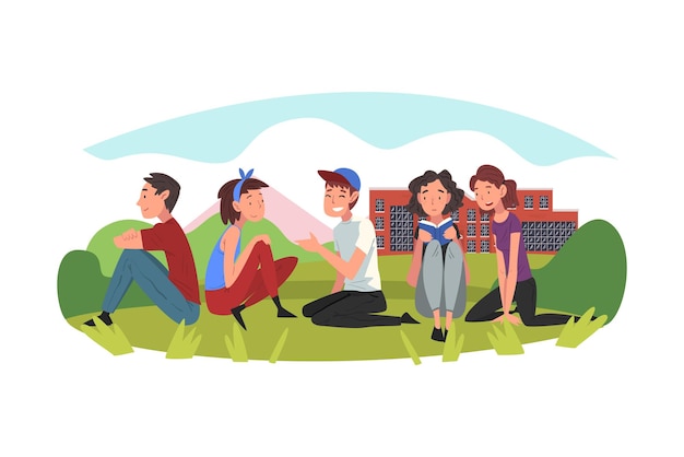 Estudantes do sexo masculino e feminino sentados na grama verde Pessoas conversando entre si em ilustração vetorial de paisagem de verão