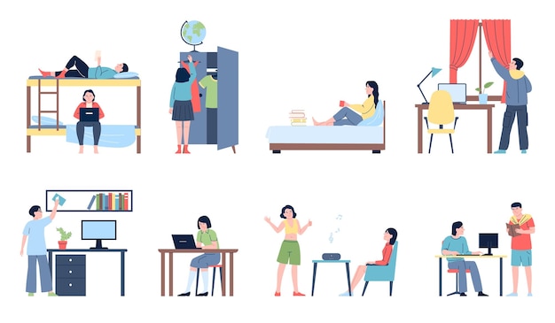Estudantes em dormitório Estudante universitário ou universitário vive com vizinhos Jovens adultos em quartos mobiliados albergue ou acampamento cenas vetoriais recentes