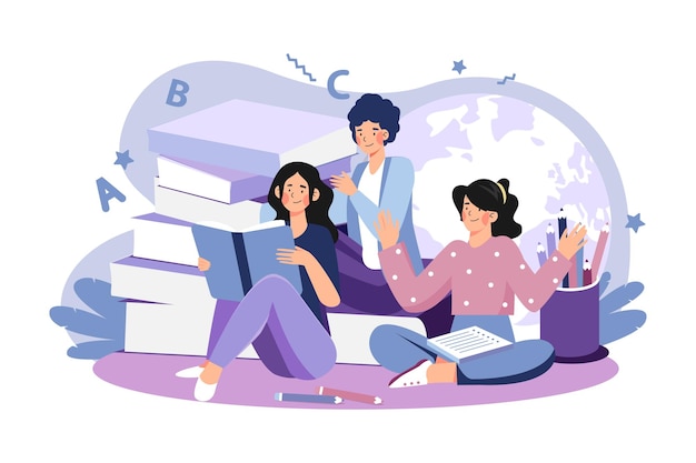 Estudantes lendo livro juntos conceito de ilustração em fundo branco