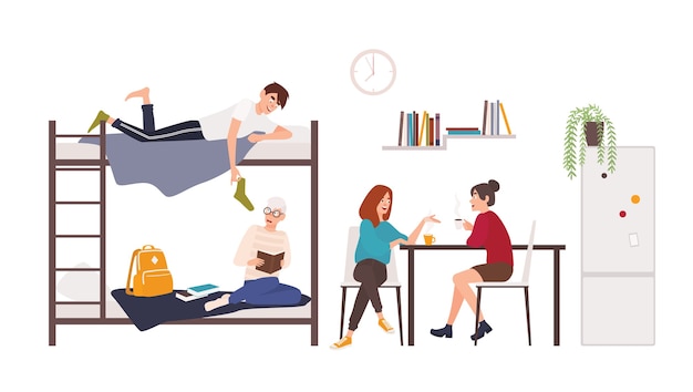 Estudantes masculinos e femininos passando um tempo no dormitório da faculdade.