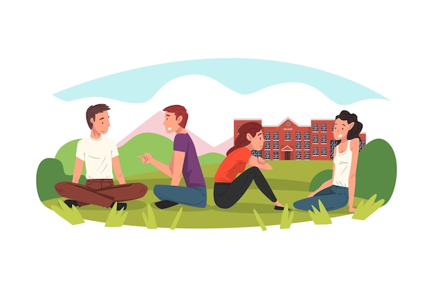 Estudantes sentados no gramado verde menino e menina conversando um com o outro em frente à ilustração vetorial do edifício da faculdade
