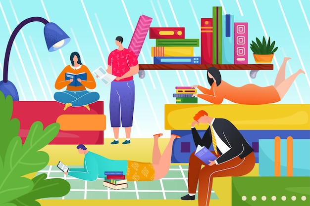 Estude o conceito de conhecimento ilustração vetorial personagem de pessoas leu livro para educação escolar mulher