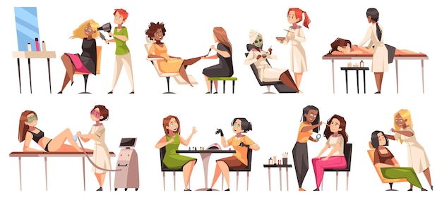 Estúdio de cosméticos visitantes felizes Mulheres cuidam de sua aparência em salão de beleza manicure pedicura depilação a laser massagem corte de cabelo e maquiagem tratamento spa conjunto de desenhos animados vetoriais arrumados
