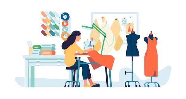 Estúdio de costura. Costureira no trabalho. Artesanato de tricô. Menina costura na máquina. Padrões e manequins. Personalize o local de trabalho com tecidos e fios. Ateliê de moda. Passatempo de costura vetorial