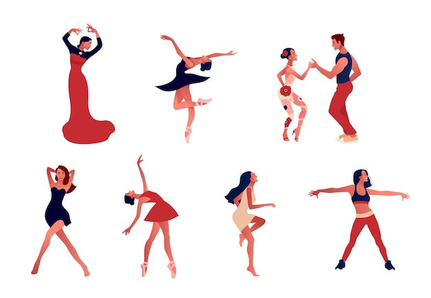 Estúdio de Dança. Conjunto de mulheres felizes ativas positivas dançando.