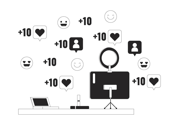 Vetor estúdio de maquiagem viralizando nas mídias sociais conceito de ilustração em 2d preto e branco