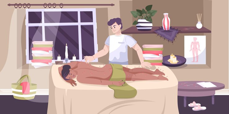 Vetor estúdio de medicina alternativa chinesa com médico realizando tratamento de acupuntura para redução do estresse para mulheres ilustração de composição plana