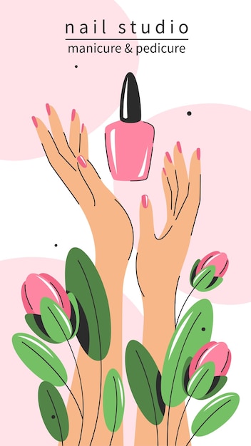 Estúdio de unhas lindas mãos femininas e esmaltes