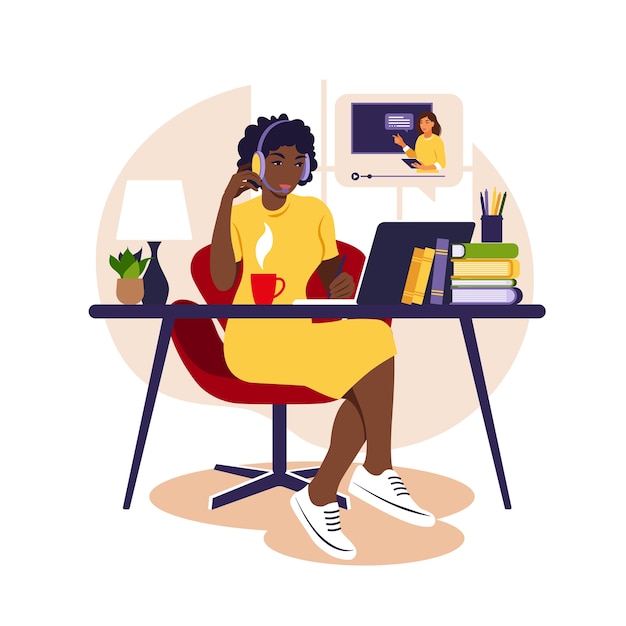 Vetor estudo da garota africana no computador. conceito de aprendizagem online. vídeo-aula. estudo à distância.