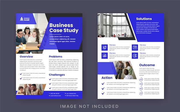 Vetor estudo de caso layout flyer relatório de negócios minimalista com design simples acento de cor azul e preta