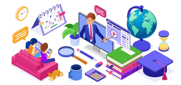Estudo online Banner de educação a distância com curso de Internet de caráter isométrico