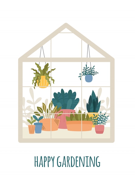 Vetor estufa com ilustração de plantas de jardim em vaso, estilo escandinavo hygge. cartão sazonal de casa verde de vidro, feliz jardinagem. conservatório com plantas em vasos e plantadores