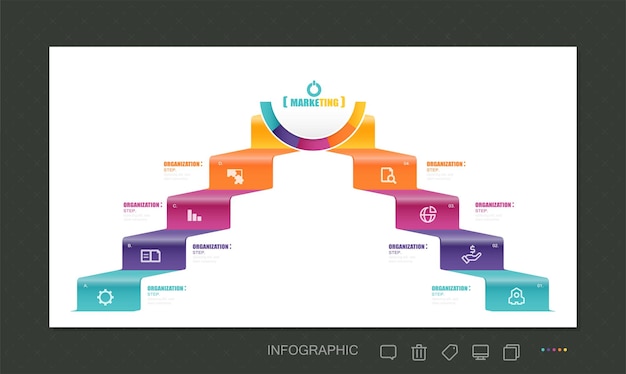 Etapas da escada, escada de conquista, modelo de infográficos de linha do tempo, níveis de inicialização. liderança empresarial