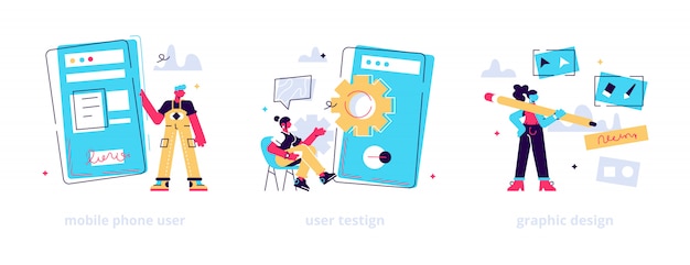 Etapas de criação de aplicativos. Desenvolvimento de interface de usuário, correção de bugs, lançamento público. Usuário de celular, teste de usuário, metáforas de design gráfico