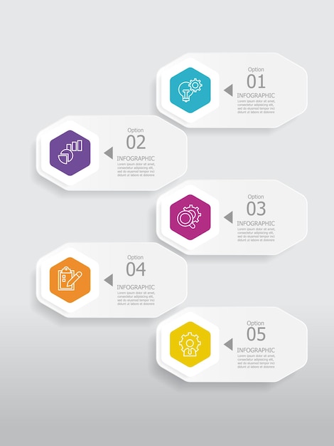 Etapas de hexágono vertical linha do tempo elemento infográfico fundo do relatório com ícone de linha de negócios 5 etapas