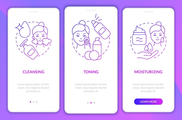 Vetor etapas de rotina de cuidados com a pele gradiente roxo na tela do aplicativo móvel