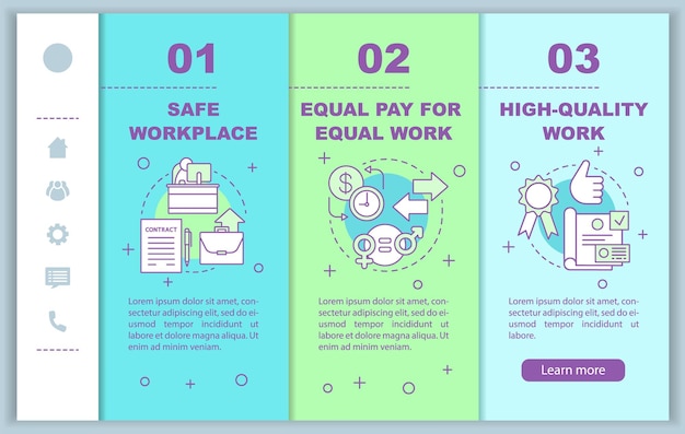 Ética empresarial onboarding modelo de vetor de páginas da web móvel. local de trabalho seguro. ideia de interface de site de smartphone responsivo com ilustrações lineares. telas passo a passo da página da web. conceito de cor