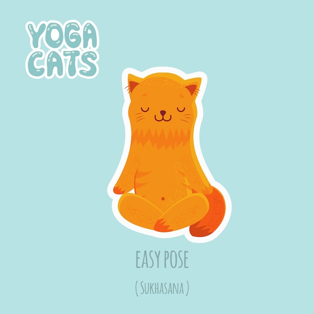 Vetor etiqueta com gato bonito praticando yoga