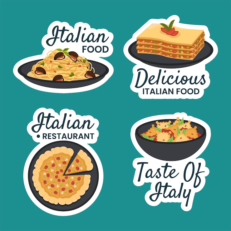 Vetor etiqueta de alimentos italiana desenho animado plano modelos desenhados à mão ilustração de fundo