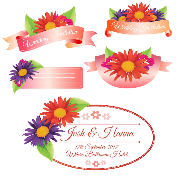 Vetor etiqueta de casamento com flor de gerbera