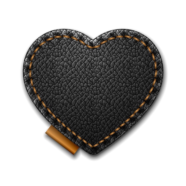 Etiqueta de couro preto em formato de coração com pontos. remendo de couro com costura. ilustração realística do vetor no fundo branco.