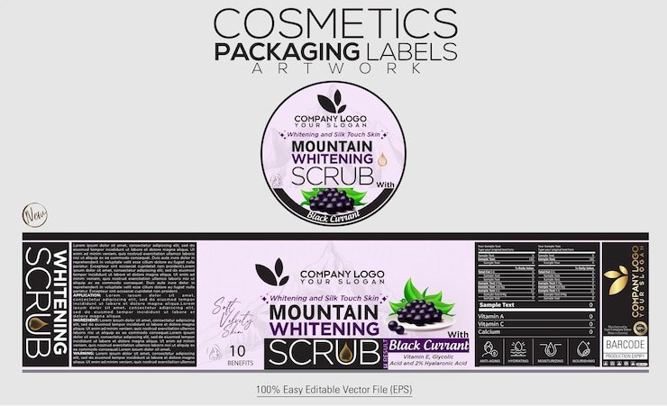 Vetor etiqueta de embalagem de cosméticos etiqueta de branqueamento de montanha etiqueta de esfregão com capa design de capa com groselha preta
