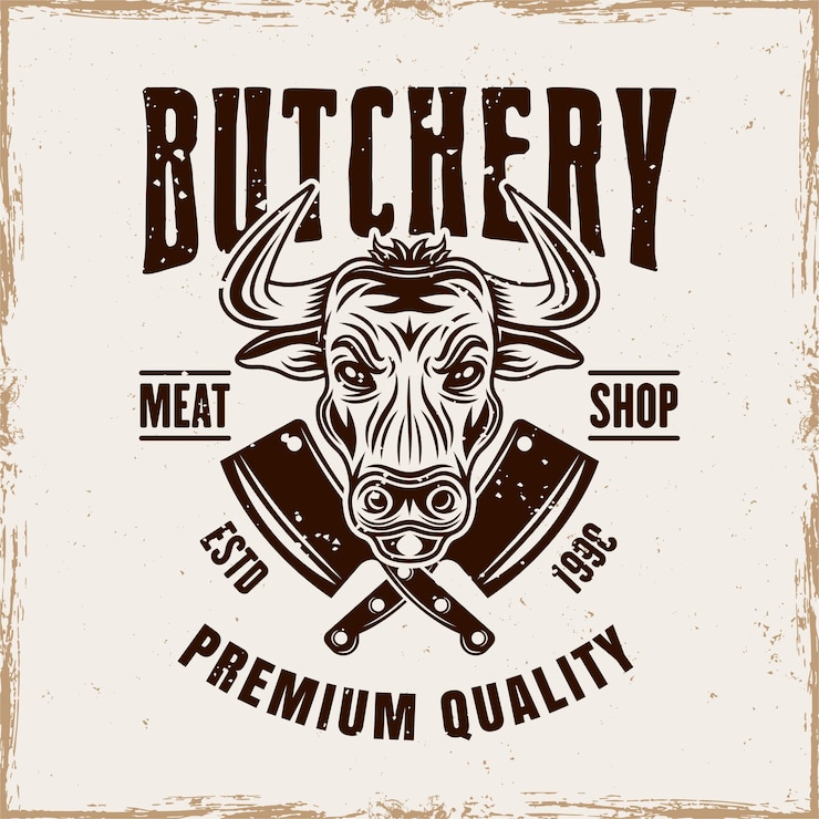 Vetor etiqueta de emblema de vetor de açougue ou logotipo com cabeça de touro em estilo vintage em fundo com texturas grunge removíveis