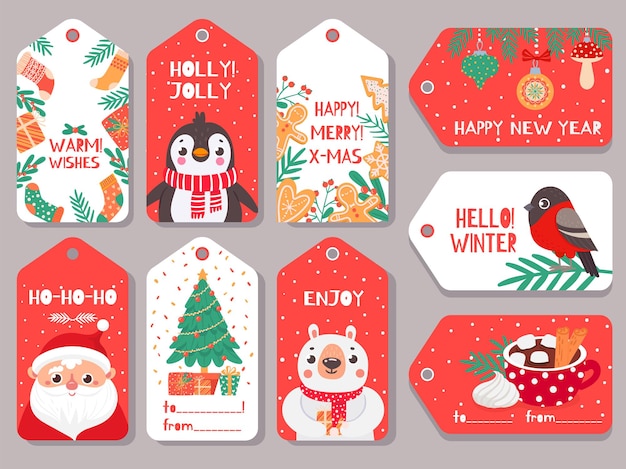 Etiqueta de natal. conjunto de etiquetas de presente de natal de férias de inverno com personagens fofinhos papai noel, urso e dom-fafe, pinguim e letras festivas. abeto com caixas de presentes, cacau com marshmallow