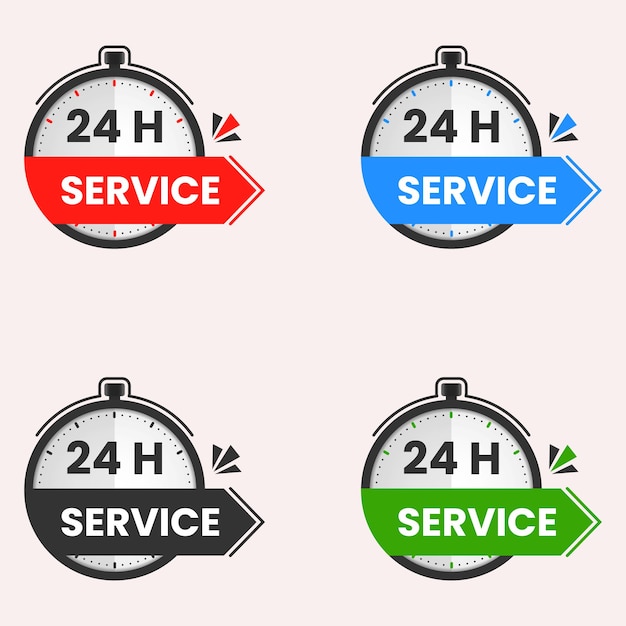 Vetor etiqueta de serviço 24 horas com relógio