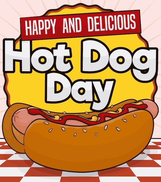 Vetor etiqueta de toalha de mesa e deliciosa amostra para o evento do dia do hot dog