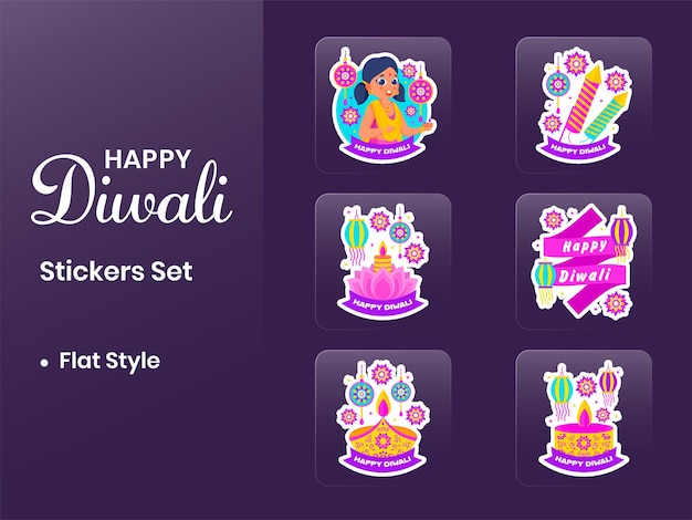 Etiqueta estilo feliz diwali celebração conceito definido em fundo roxo