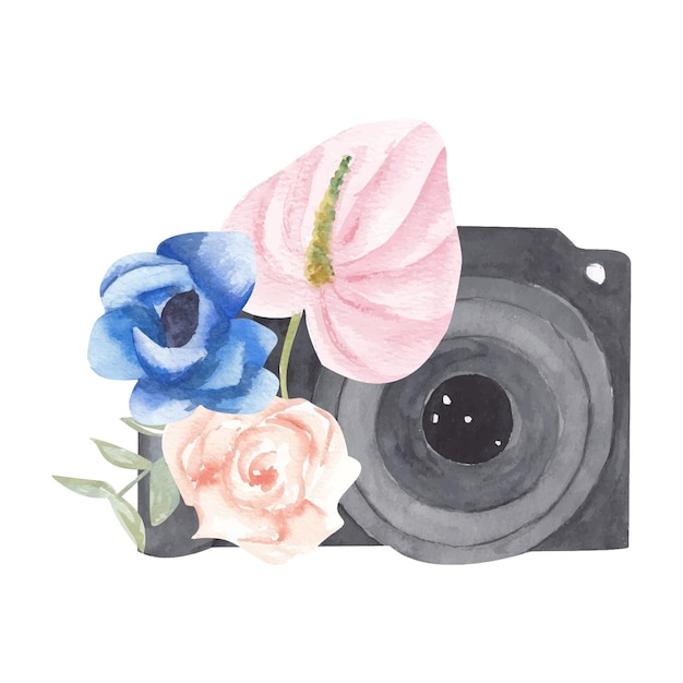 Etiqueta fotográfica em aquarela Câmera fotográfica desenhada à mão cercada por várias flores