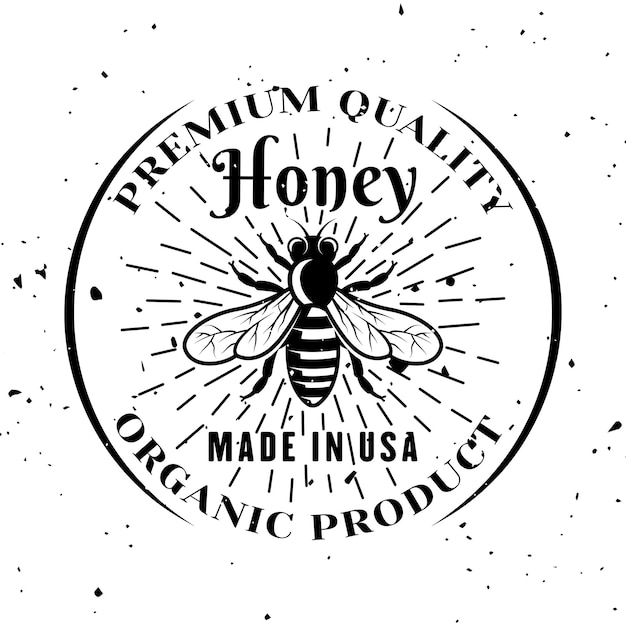 Etiqueta ou logotipo do emblema do vetor da abelha do mel ou logotipo no estilo monocromático isolado no fundo branco