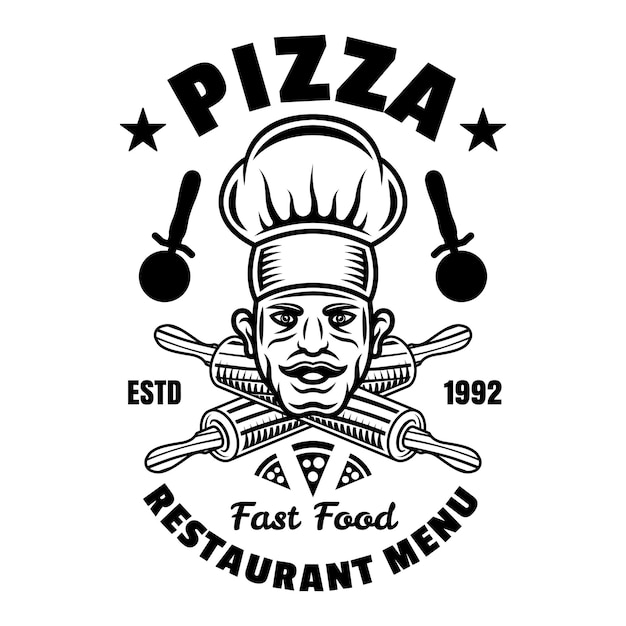 Etiqueta ou logotipo do emblema do vetor de pizzaria com chef e rolos cruzados em estilo monocromático vintage isolado em branco