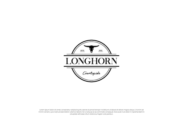 Etiqueta redonda design de logotipo de fazenda de gado estilo vintage ilustração de distintivo de logotipo longhorn