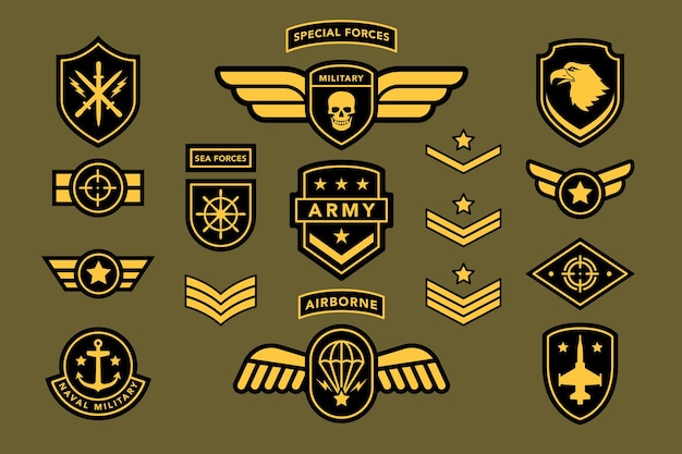 Etiqueta uniforme da insígnia do exército da força especial, etiqueta, crachá de faixa. Marinha, patch de camuflagem militar de soldado transportado no ar com águia, estrela, espada, escudo, ilustração em vetor jato isolada no fundo branco