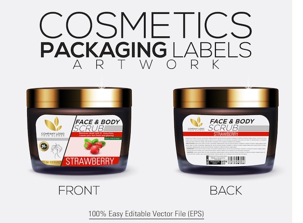 Etiquetas de embalagem de cosméticos Scrub para rosto e corpo 500 ml Mockup de frasco com morango